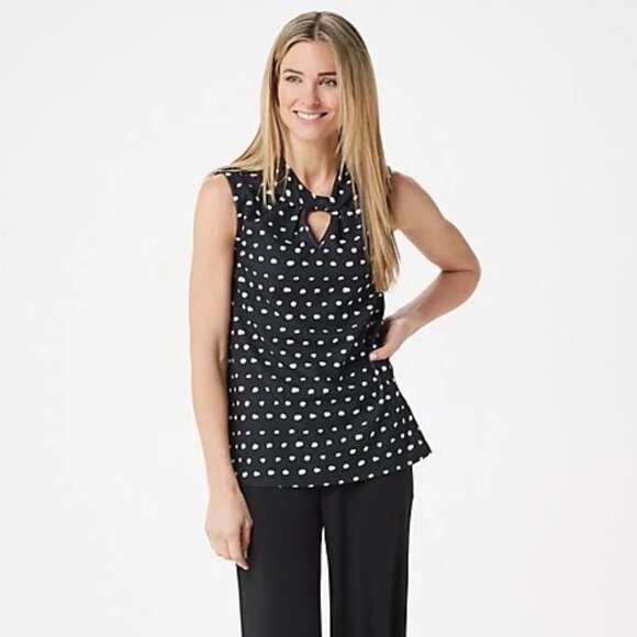 BROOKE SHIELDS TIMELESS Black & White Dot S Keyhole Knot Neck Top Blouse - Picture 1 of 5